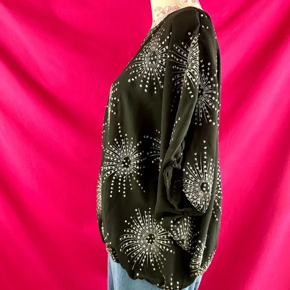 Vintage Silver Glitter Fireworks Black Sheer Short Sleeve Party Top Glances - Picture 12 of 17